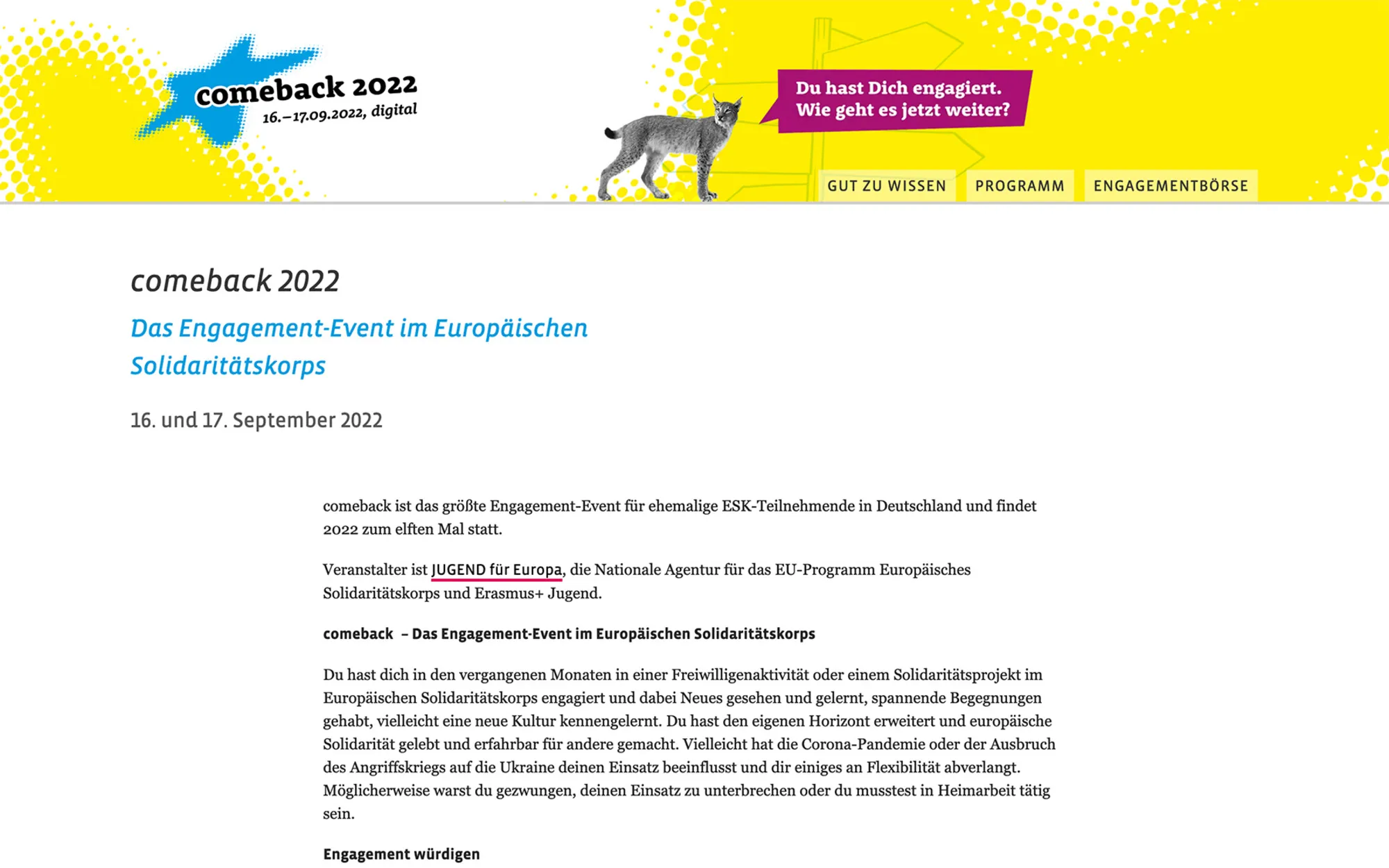 Beispielansicht des Projektes Konferenz-Websites für JUGEND für Europa