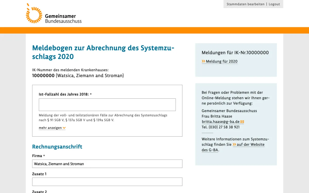 Beispielansicht des Projektes Online-Meldesystem Systemzuschlag