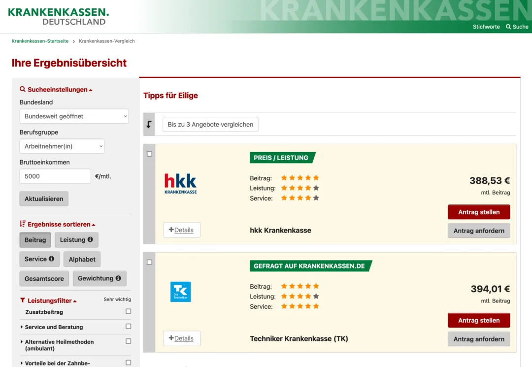 Beispielansicht des Projektes krankenkassen.de